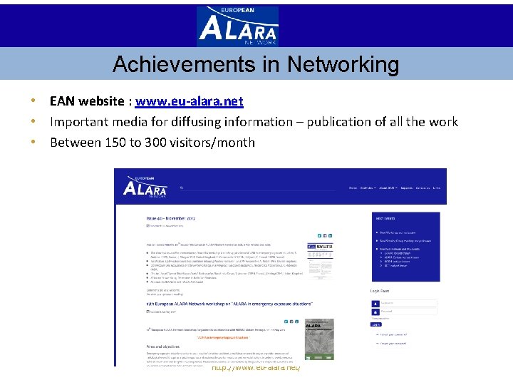 Achievements in Networking • EAN website : www. eu-alara. net • Important media for