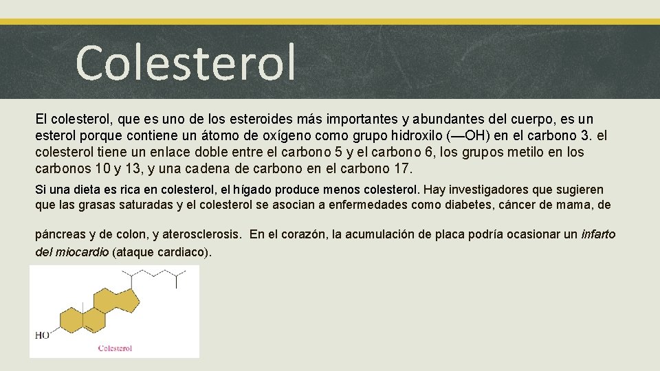 Colesterol El colesterol, que es uno de los esteroides más importantes y abundantes del Colesterol El colesterol, que es uno de los esteroides más importantes y abundantes del