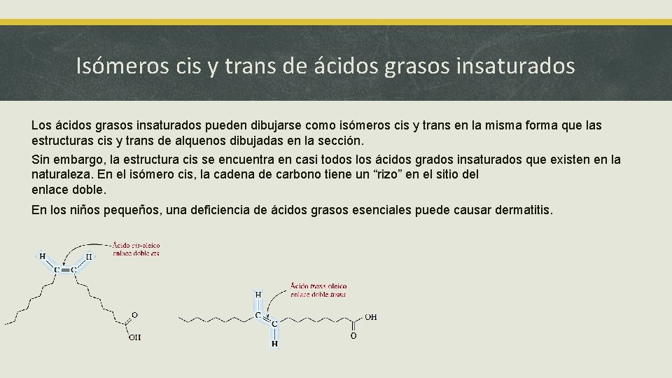 Isómeros cis y trans de ácidos grasos insaturados Los ácidos grasos insaturados pueden dibujarse Isómeros cis y trans de ácidos grasos insaturados Los ácidos grasos insaturados pueden dibujarse