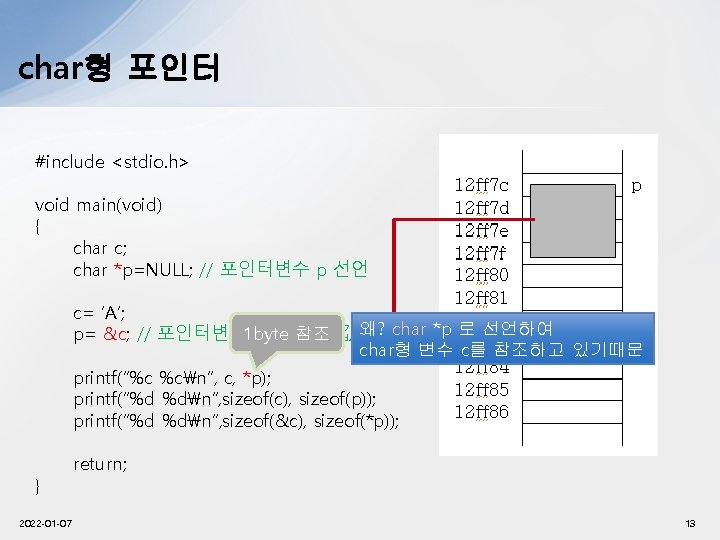 char형 포인터 #include <stdio. h> void main(void) { char c; char *p=NULL; // 포인터변수