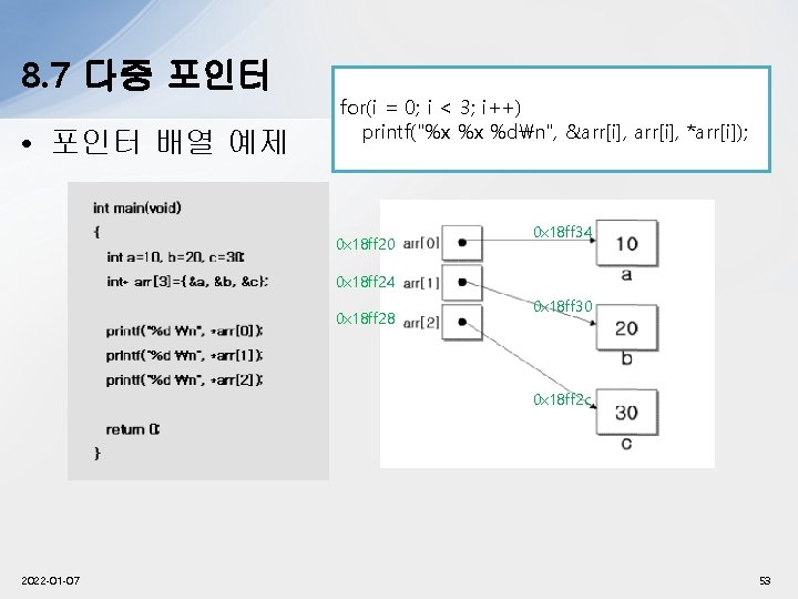 8. 7 다중 포인터 • 포인터 배열 예제 for(i = 0; i < 3;