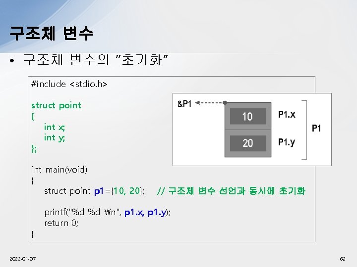 구조체 변수 • 구조체 변수의 “초기화” #include <stdio. h> struct point { int x;