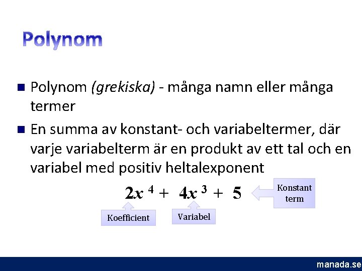 Polynom (grekiska) - många namn eller många termer n En summa av konstant- och