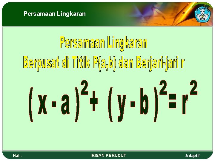 Persamaan Lingkaran Hal. : IRISAN KERUCUT Adaptif 