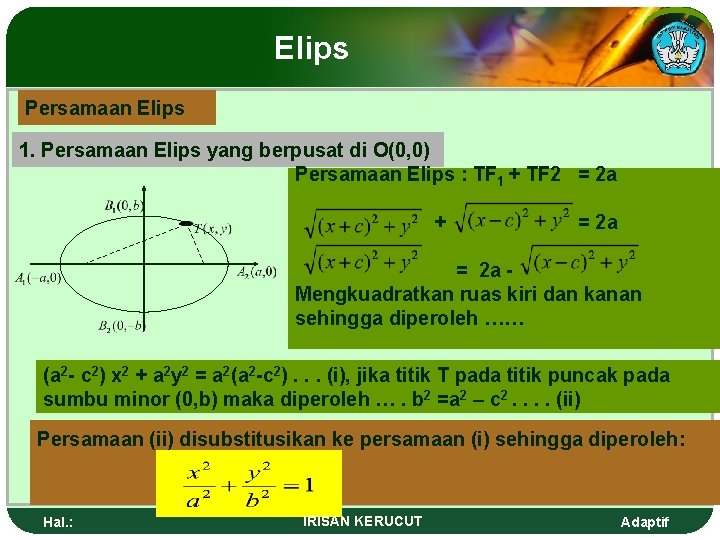 Elips Persamaan Elips 1. Persamaan Elips yang berpusat di O(0, 0) Persamaan Elips :