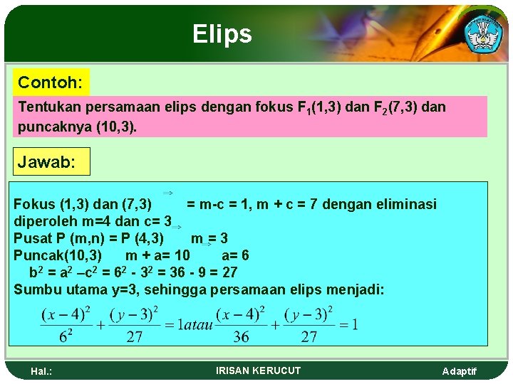 Elips Contoh: Tentukan persamaan elips dengan fokus F 1(1, 3) dan F 2(7, 3)