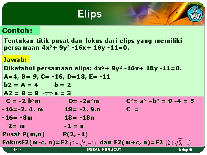 Elips Contoh: Tentukan titik pusat dan fokus dari elips yang memiliki persamaan 4 x