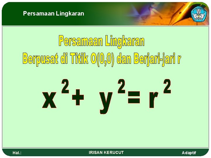 Persamaan Lingkaran Hal. : IRISAN KERUCUT Adaptif 