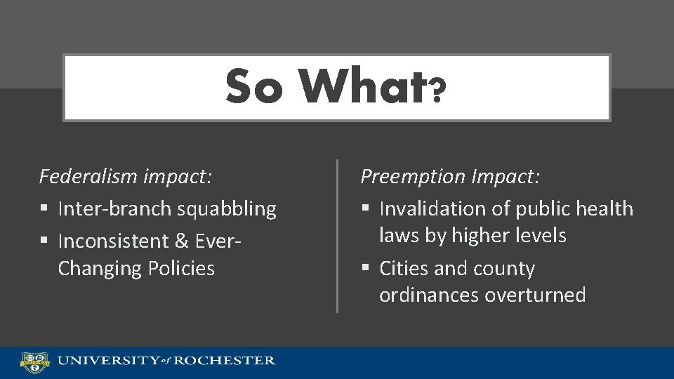 So What? Federalism impact: § Inter-branch squabbling § Inconsistent & Ever. Changing Policies Preemption