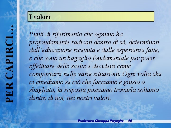 PER CAPIRCI… I valori Punti di riferimento che ognuno ha profondamente radicati dentro di