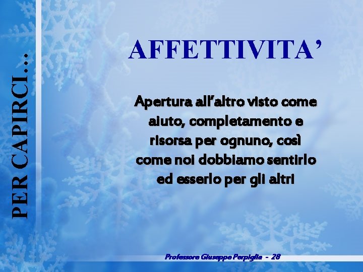 PER CAPIRCI… AFFETTIVITA’ Apertura all’altro visto come aiuto, completamento e risorsa per ognuno, così