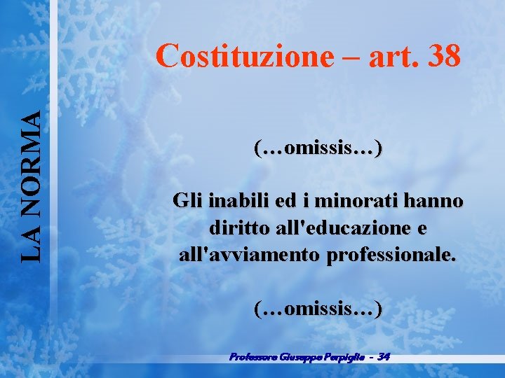LA NORMA Costituzione – art. 38 (…omissis…) Gli inabili ed i minorati hanno diritto