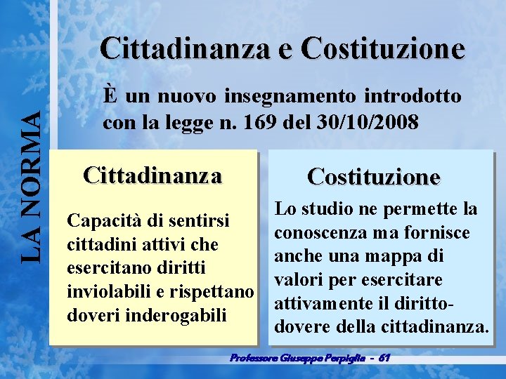 LA NORMA Cittadinanza e Costituzione È un nuovo insegnamento introdotto con la legge n.