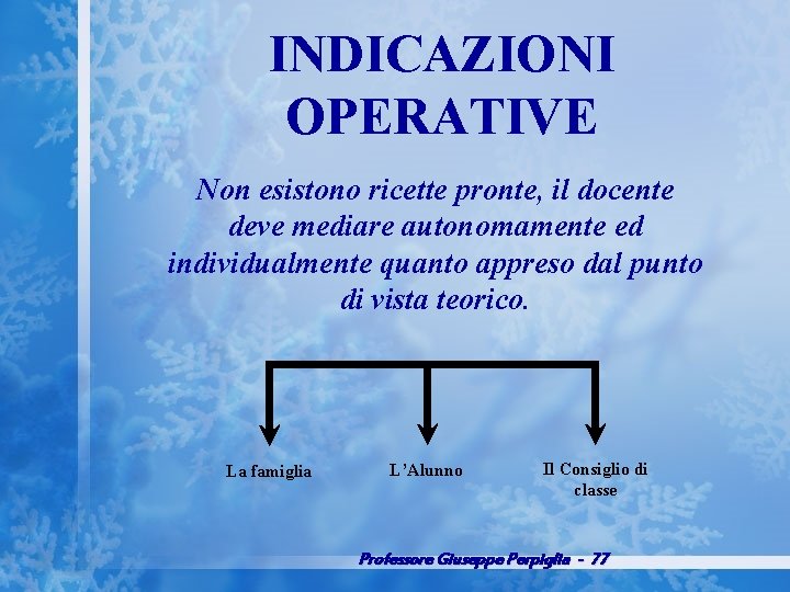 INDICAZIONI OPERATIVE Non esistono ricette pronte, il docente deve mediare autonomamente ed individualmente quanto