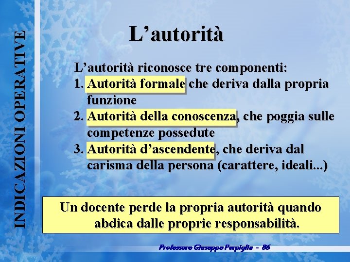 INDICAZIONI OPERATIVE L’autorità riconosce tre componenti: 1. Autorità formale che deriva dalla propria funzione