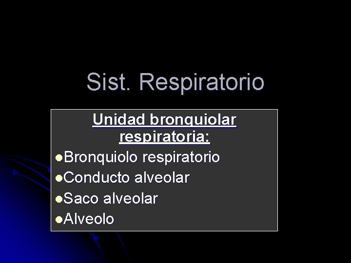 Sist. Respiratorio Unidad bronquiolar respiratoria: l. Bronquiolo respiratorio l. Conducto alveolar l. Saco alveolar