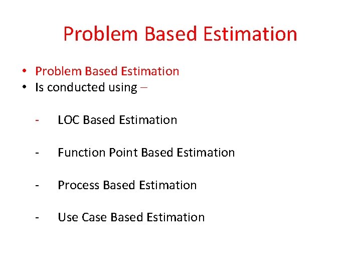 Problem Based Estimation • Is conducted using – - LOC Based Estimation - Function