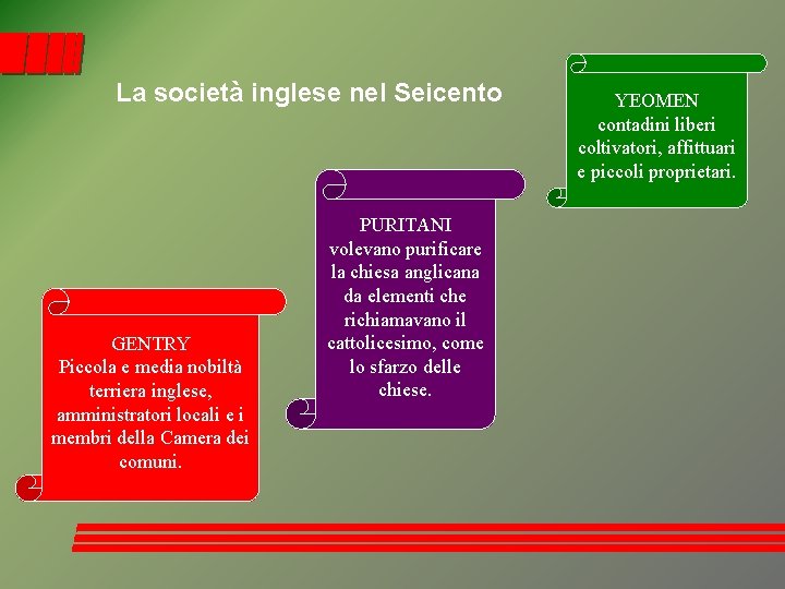 La società inglese nel Seicento GENTRY Piccola e media nobiltà terriera inglese, amministratori locali