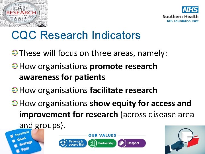 CQC Research Indicators These will focus on three areas, namely: How organisations promote research CQC Research Indicators These will focus on three areas, namely: How organisations promote research