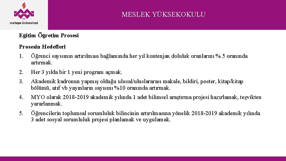 MESLEK YÜKSEKOKULU Eğitim Öğretim Prosesin Hedefleri 1. Öğrenci sayısının artırılması bağlamında her yıl kontenjan