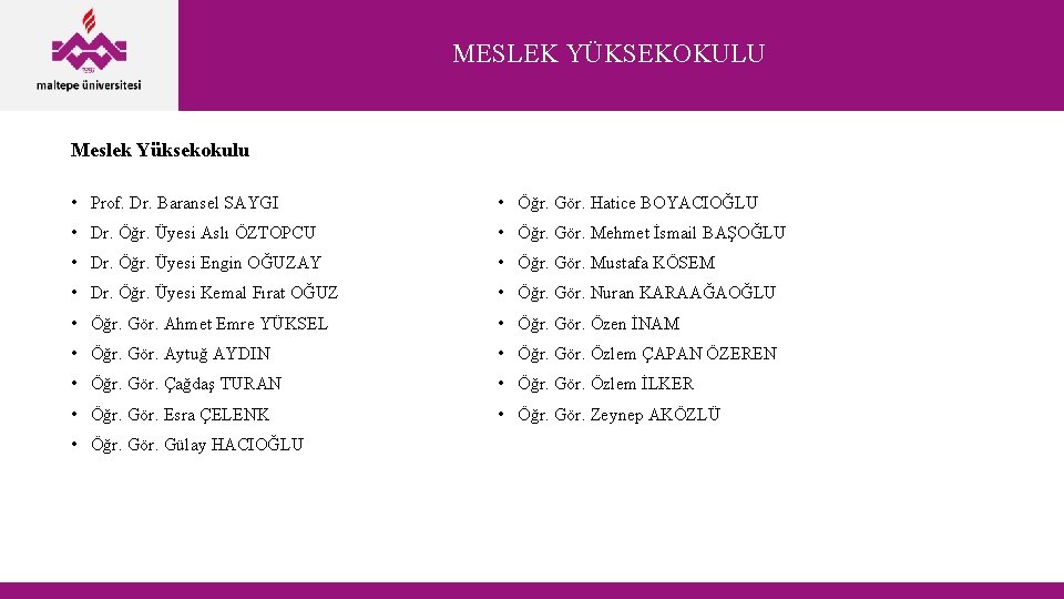 MESLEK YÜKSEKOKULU Meslek Yüksekokulu • Prof. Dr. Baransel SAYGI • Öğr. Gör. Hatice BOYACIOĞLU