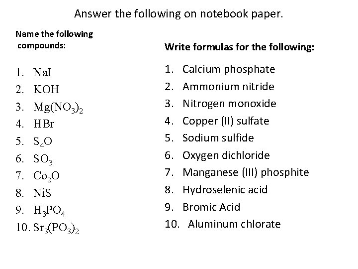 Answer the following on notebook paper. Name the following compounds: 1. Na. I 2.