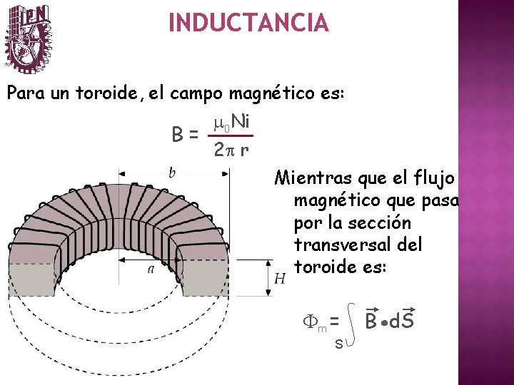 INDUCTANCIA Para un toroide, el campo magnético es: B= m 0 Ni 2 p