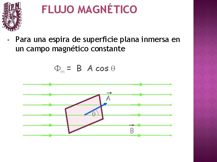 FLUJO MAGNÉTICO • Para una espira de superficie plana inmersa en un campo magnético
