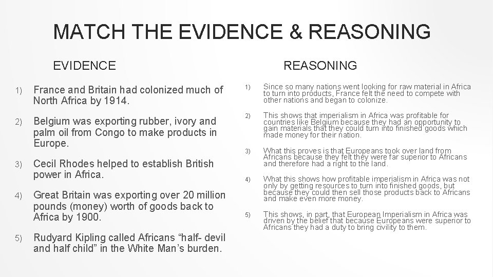 MATCH THE EVIDENCE & REASONING EVIDENCE 1) France and Britain had colonized much of