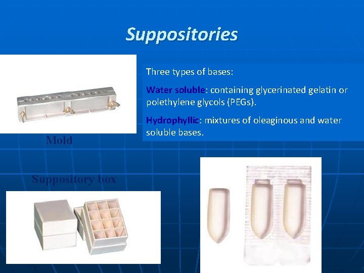 Suppositories Three types of bases: Water soluble: containing glycerinated gelatin or polethylene glycols (PEGs).