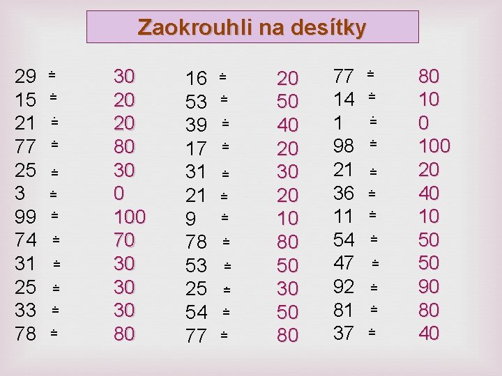 Zaokrouhli na desítky 29 15 21 77 25 3 99 74 31 25 33