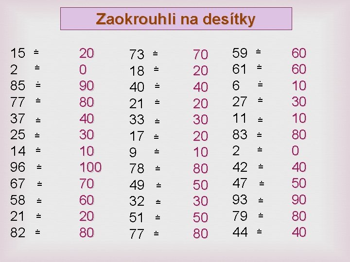 Zaokrouhli na desítky 15 2 85 77 37 25 14 96 67 58 21