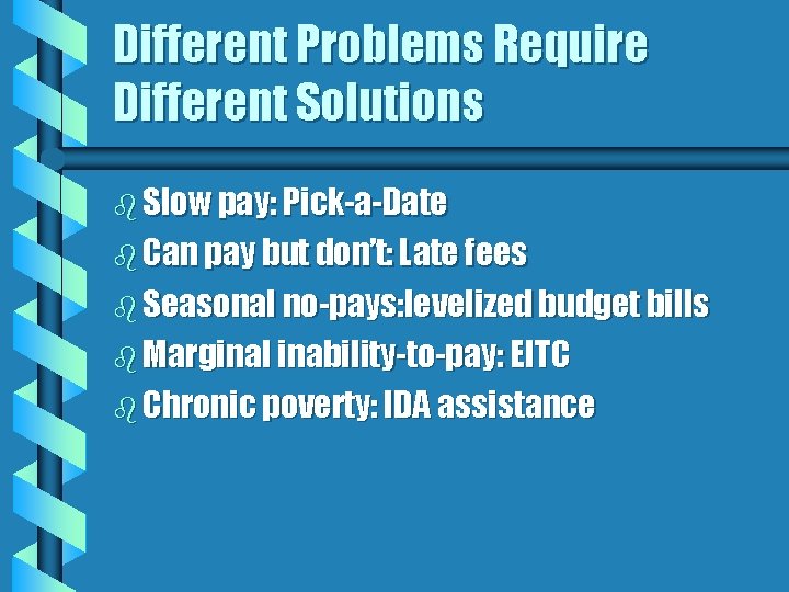 Different Problems Require Different Solutions b Slow pay: Pick-a-Date b Can pay but don’t: