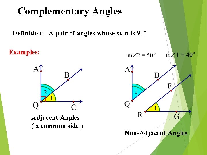 Complementary Angles Definition: A pair of angles whose sum is 90˚ Examples: Adjacent Angles