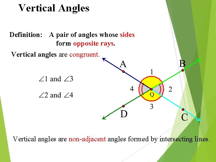 Vertical Angles Definition: A pair of angles whose sides form opposite rays. Vertical angles