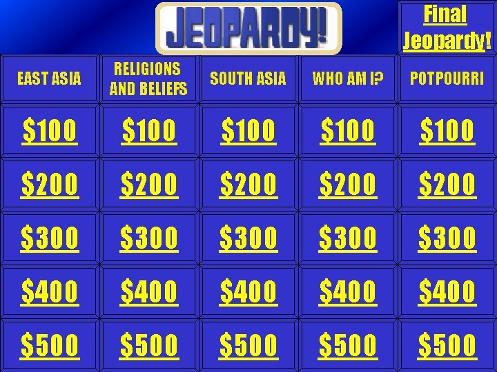 Final Jeopardy! EAST ASIA RELIGIONS AND BELIEFS SOUTH ASIA WHO AM I? POTPOURRI $100