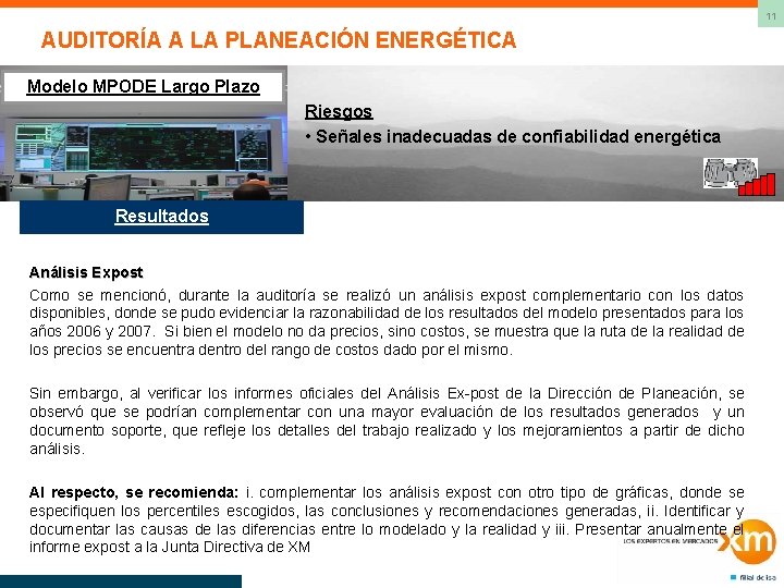 11 AUDITORÍA A LA PLANEACIÓN ENERGÉTICA Modelo MPODE Largo Plazo Riesgos • Señales inadecuadas