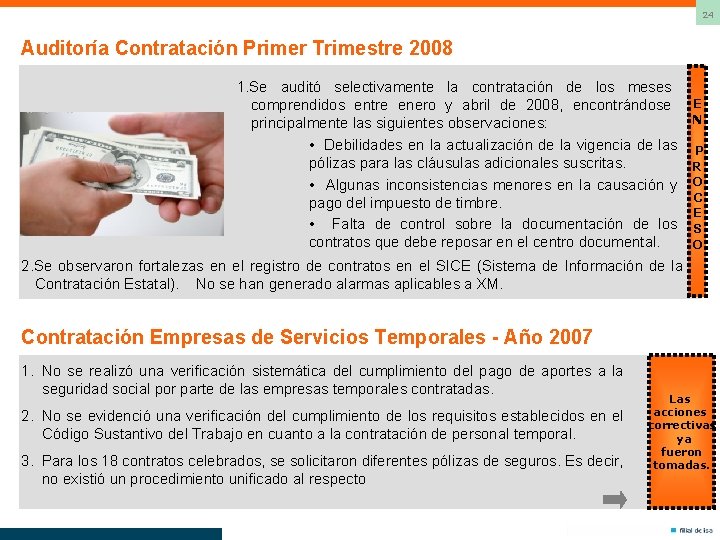 24 Auditoría Contratación Primer Trimestre 2008 1. Se auditó selectivamente la contratación de los