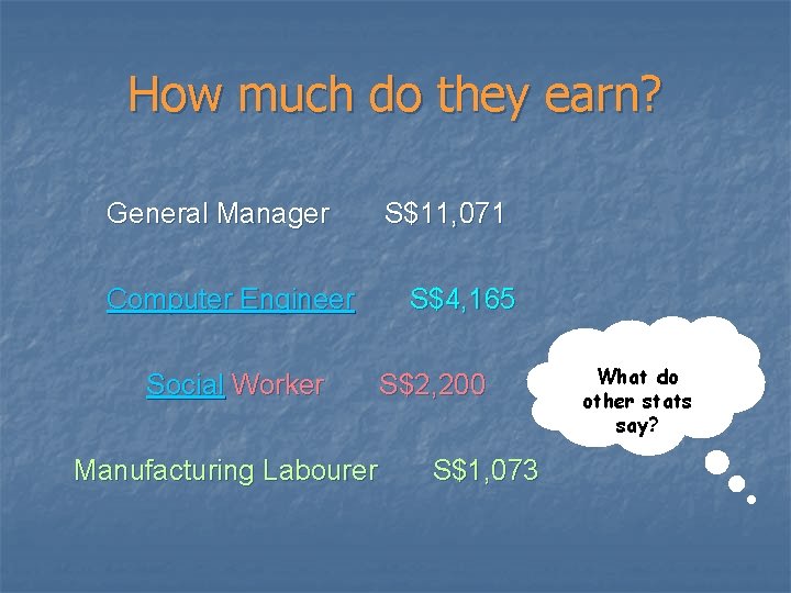 How much do they earn? General Manager Computer Engineer Social Worker Manufacturing Labourer S$11,