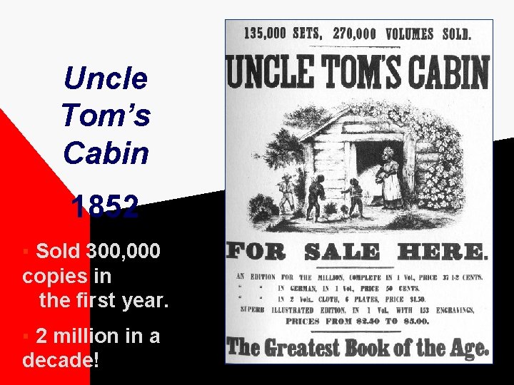 Uncle Tom’s Cabin 1852 ▪ Sold 300, 000 copies in the first year. ▪