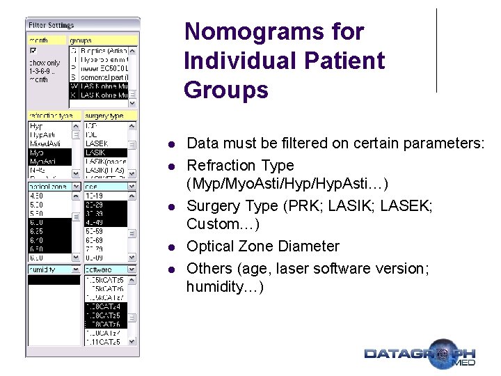 Nomograms for Individual Patient Groups l l l Data must be filtered on certain