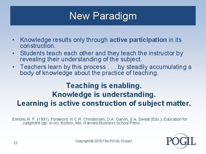 New Paradigm • Knowledge results only through active participation in its construction. • Students