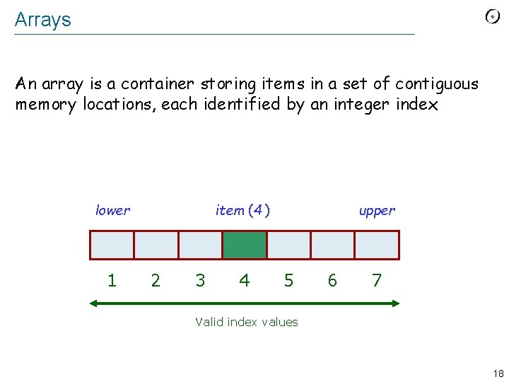 Arrays An array is a container storing items in a set of contiguous memory