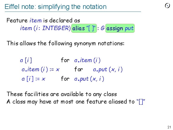 Eiffel note: simplifying the notation Feature item is declared as item (i : INTEGER)