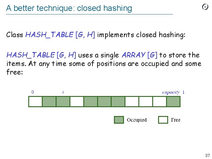 A better technique: closed hashing Class HASH_TABLE [G, H] implements closed hashing: HASH_TABLE [G,