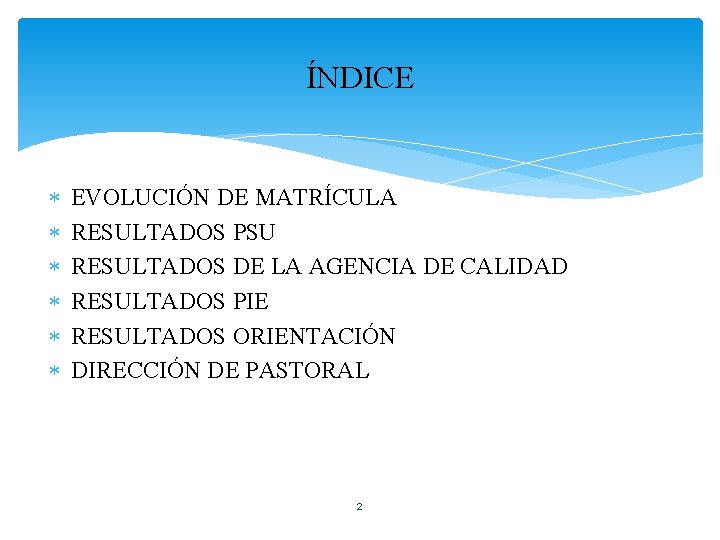 ÍNDICE EVOLUCIÓN DE MATRÍCULA RESULTADOS PSU RESULTADOS DE LA AGENCIA DE CALIDAD RESULTADOS PIE