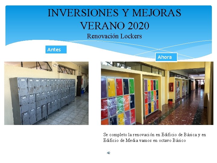 INVERSIONES Y MEJORAS VERANO 2020 Renovación Lockers Antes Ahora Se completo la renovación en