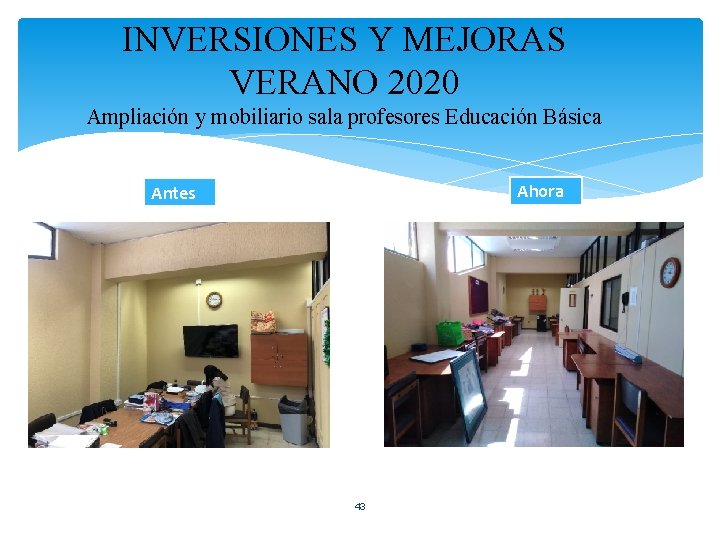 INVERSIONES Y MEJORAS VERANO 2020 Ampliación y mobiliario sala profesores Educación Básica Ahora Antes