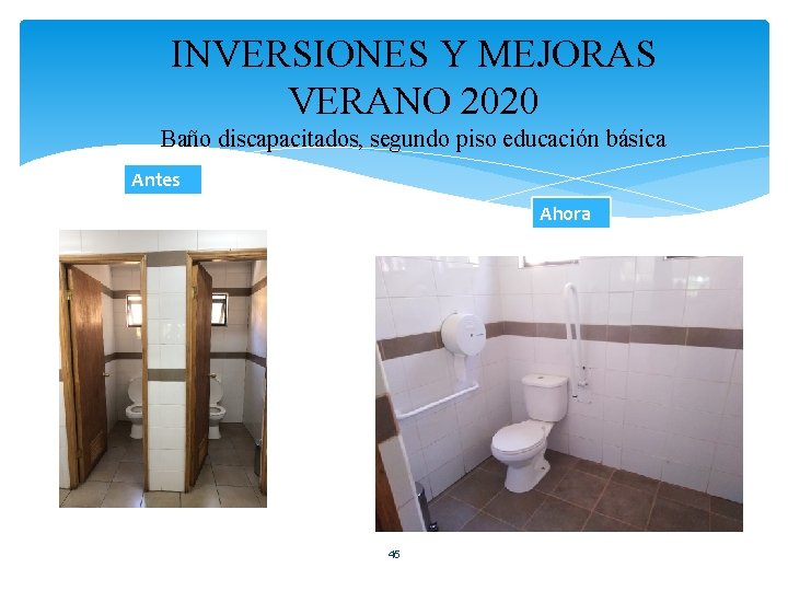 INVERSIONES Y MEJORAS VERANO 2020 Baño discapacitados, segundo piso educación básica Antes Ahora 45