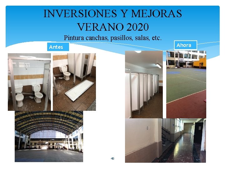 INVERSIONES Y MEJORAS VERANO 2020 Pintura canchas, pasillos, salas, etc. Ahora Antes 48 